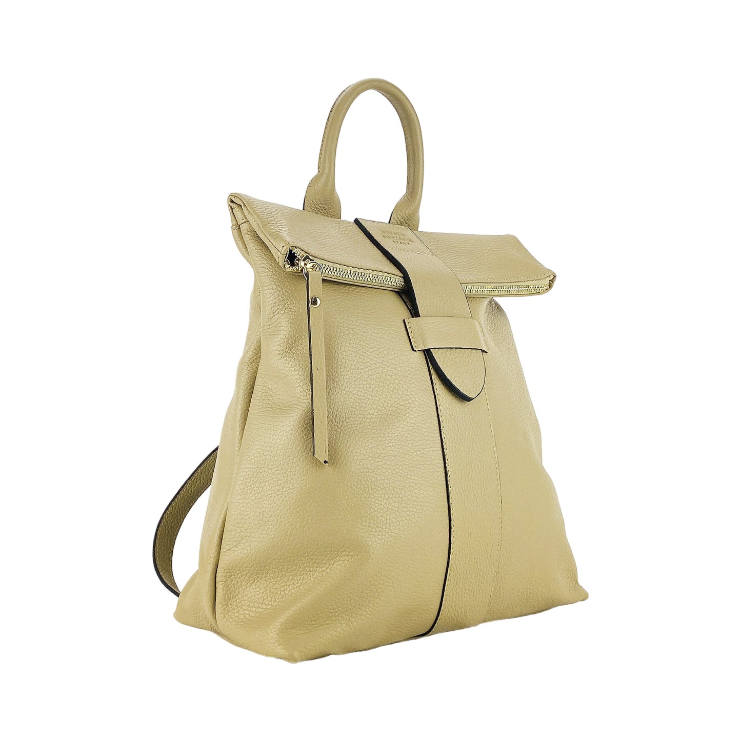 RB1021AL | Women's Soft Genuine Leather Backpack Made in Italy with Adjustable Shoulder Straps. Zipper and Polished Gold Metal Accessories - Beige Color - Dimensions: 30 x 34 x 10.5 cm