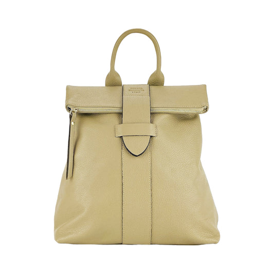 RB1021AL | Women's Soft Genuine Leather Backpack Made in Italy with Adjustable Shoulder Straps. Zipper and Polished Gold Metal Accessories - Beige Color - Dimensions: 30 x 34 x 10.5 cm